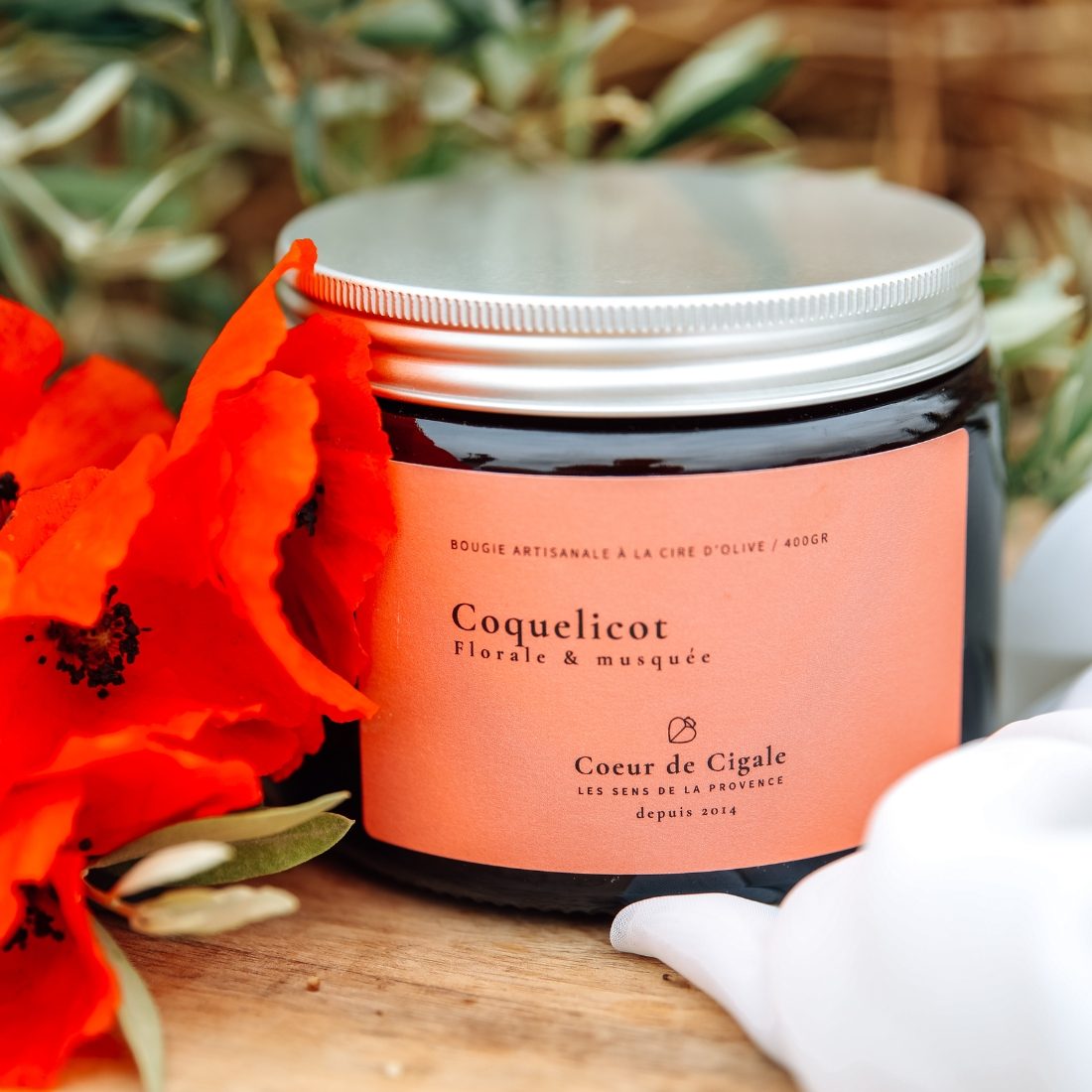 Grande bougie parfumée Coquelicot. Bougie végétale à la cire d'olive.