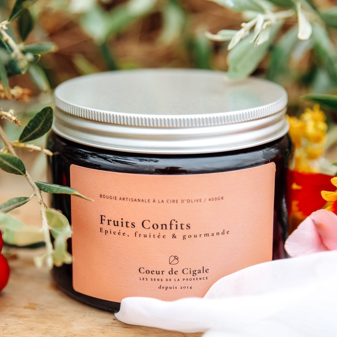 Grande bougie parfumée Fruits Confits. Bougie végétale à la cire d'olive.