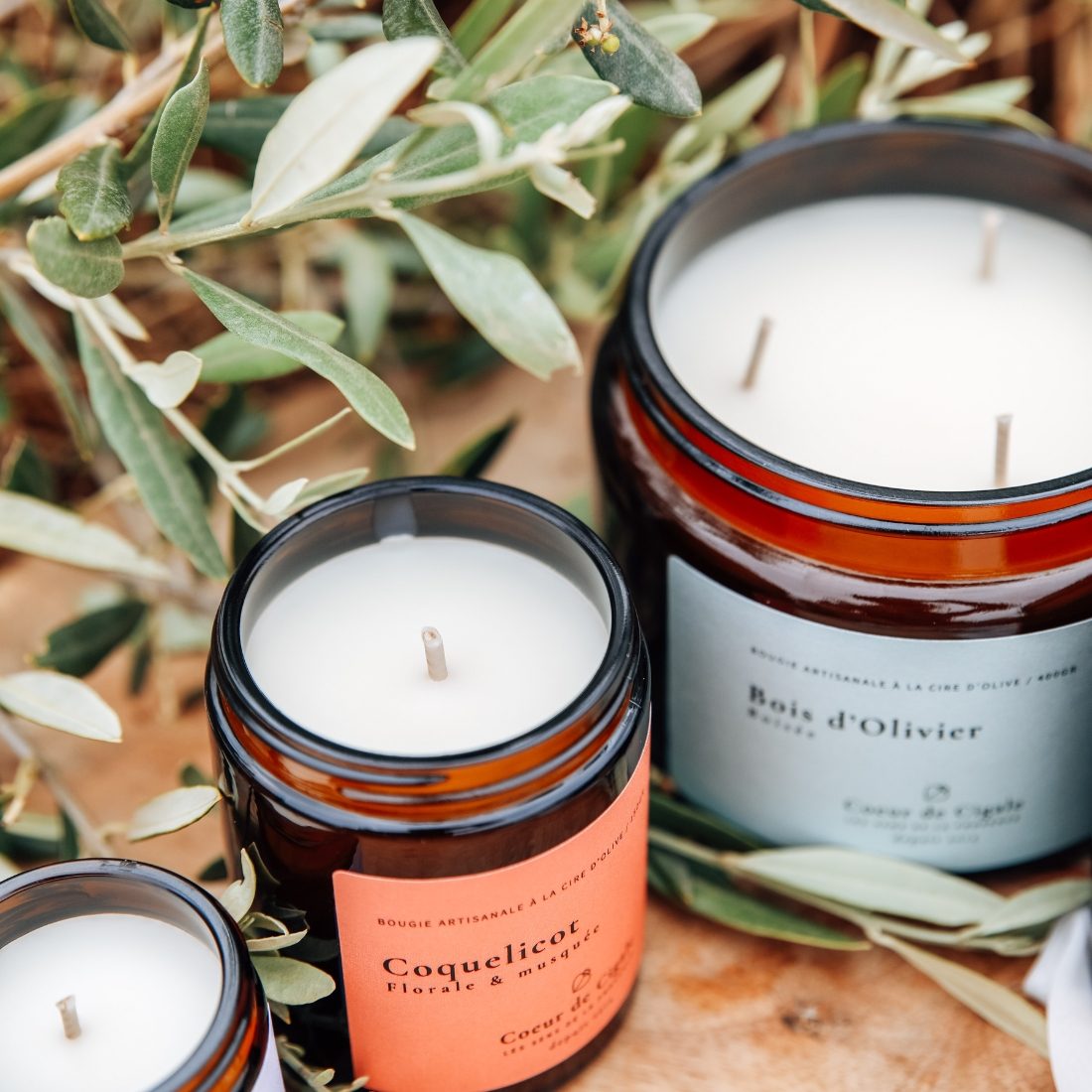 Bougies parfumées à la cire d'olive. Cœur de Cigale.