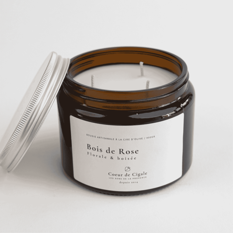Bougie parfumée Bois de Rose, senteur florale et boisée