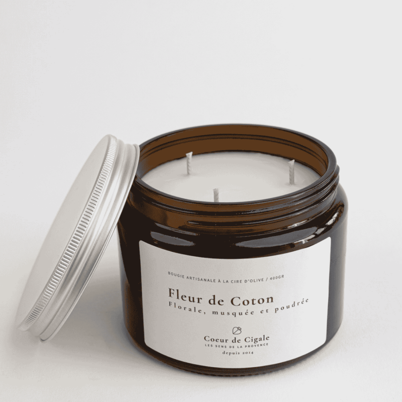 Bougie végétale fleur de coton, coulée à la main en Provence
