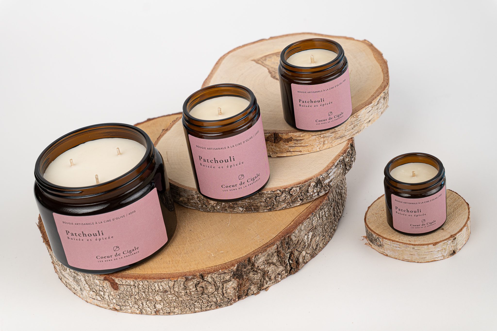 Bougies Patchouli à la cire d'olive. Coulées à la main en Provence